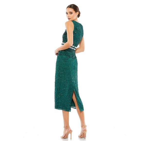 MAC DUGGAL SLEEVELESS HIGH NECK BEADED MIDI SHEATH DRESS DEEP EMERALD SZ 14 NWT - Picture 2 of 7